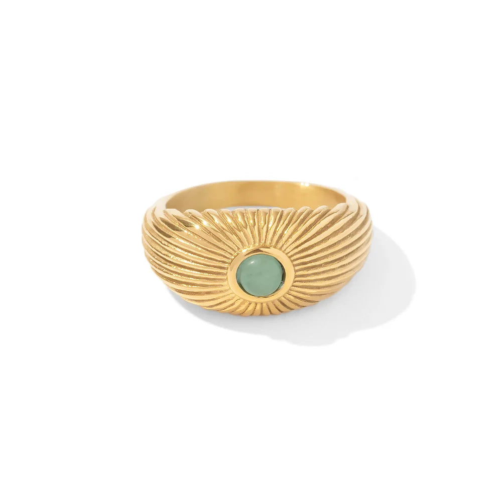 Uworld Waterproof Green Stone Ring - Golden Stainless Steel