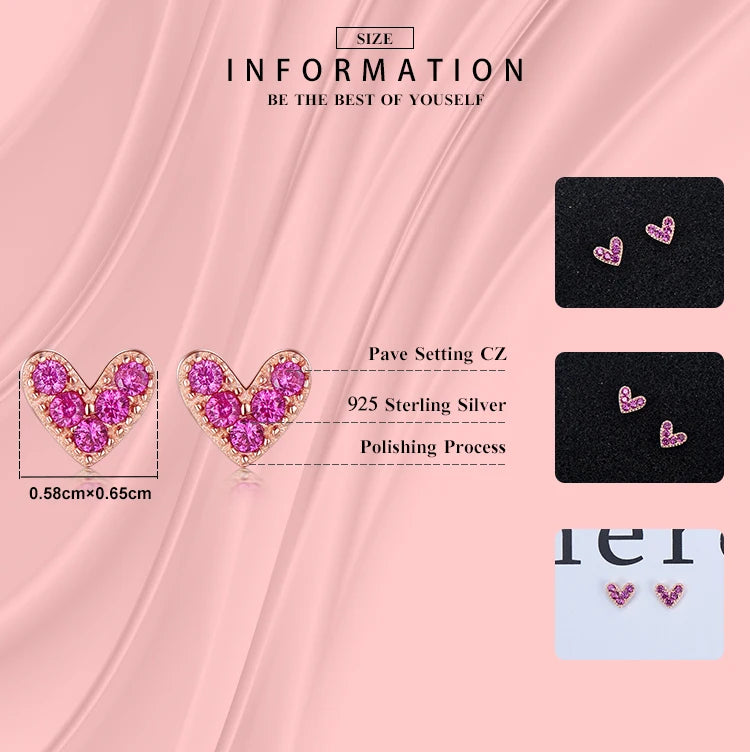 Modian 925 Silver Heart Earrings - Rose Gold Pink CZ Simple