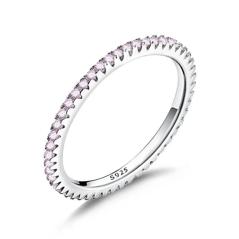 WOSTU 925 Silver Pink CZ Ring - Stackable Circle Design