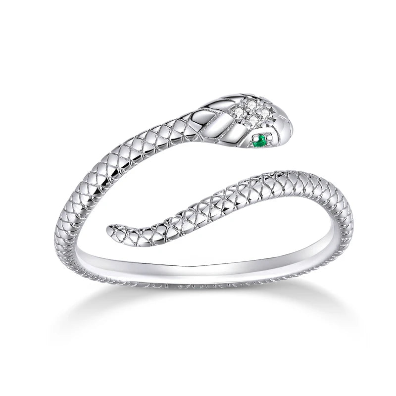 BAMOER 925 Silver Snake Ring - Green Zircon Adjustable