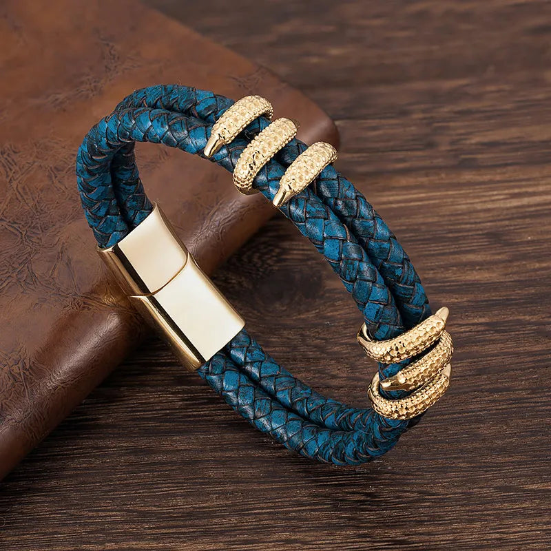 MKENDN Punk Blue Braided Leather Bracelet - Dragon Claw Men's