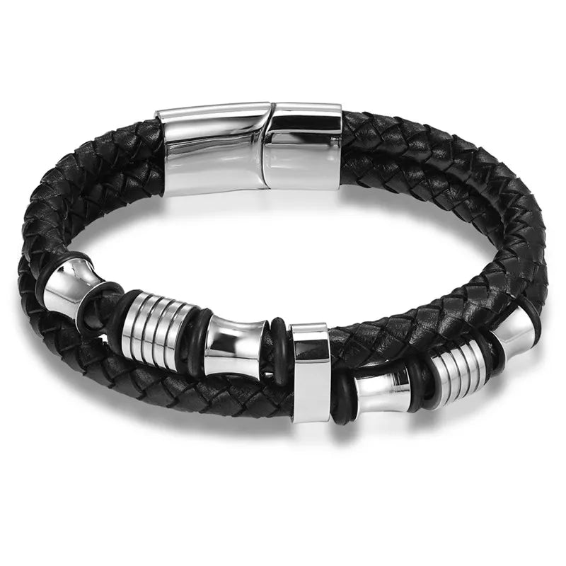 TYO Magnetic Black Leather Bracelet - Braided Punk Rock Men's
