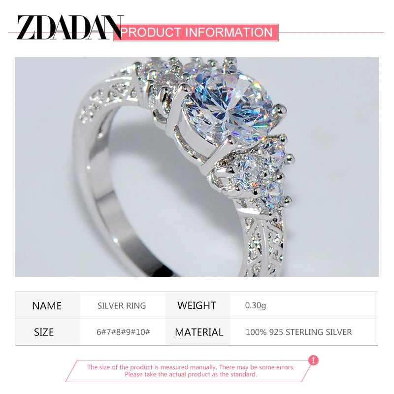 ZDADAN 925 Silver 8MM Zircon Ring - Fashion Wedding Band