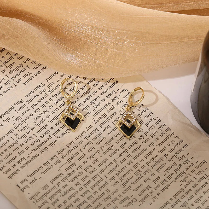 Black Rhombus Drop Earrings - Gold Rhinestone Statement