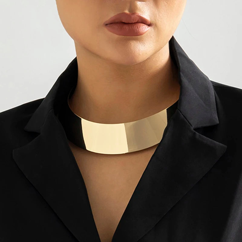 Exaggerated Chunky Metal Torque Choker - Punk Gold Wide Chain