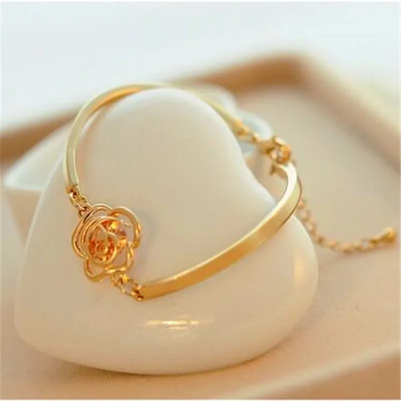Rose Flower Bracelet - Gold Color Classic Bangle