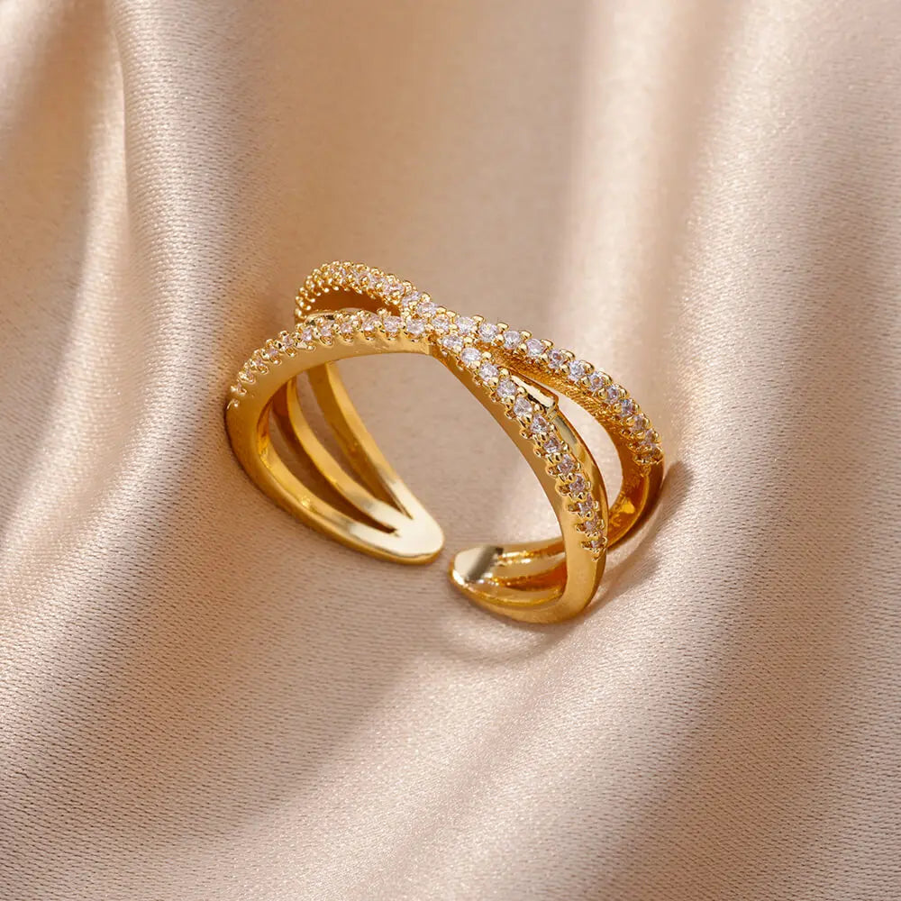 Gold Geometric Zircon Ring - Stainless Steel Opening Band