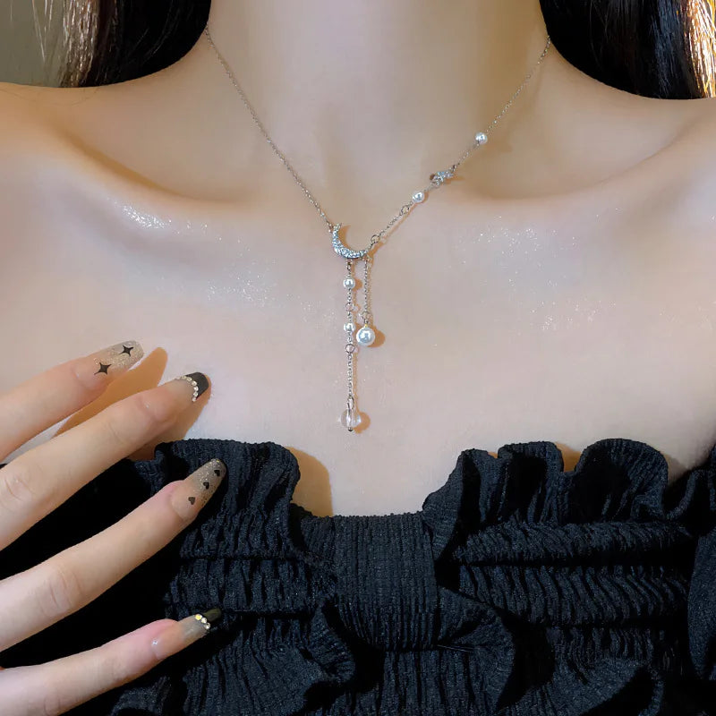 925 Silver Star Moon Pearl Necklace - Tassel Zircon Wedding