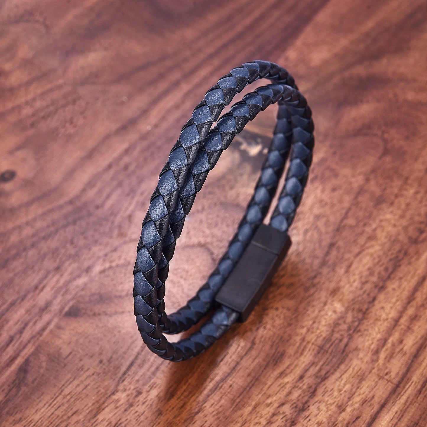 Simple Black Leather Bracelet - Double-Layer Braid Men's