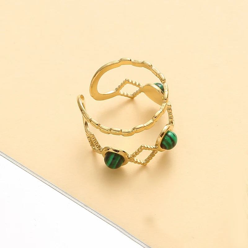 Hollow Out Natural Stone Ring - Stainless Steel Wide Band