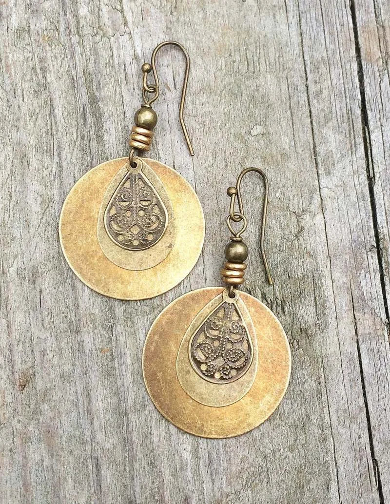 Ethnic Bronze Carved Earrings - Bohemian Distressed Beaded