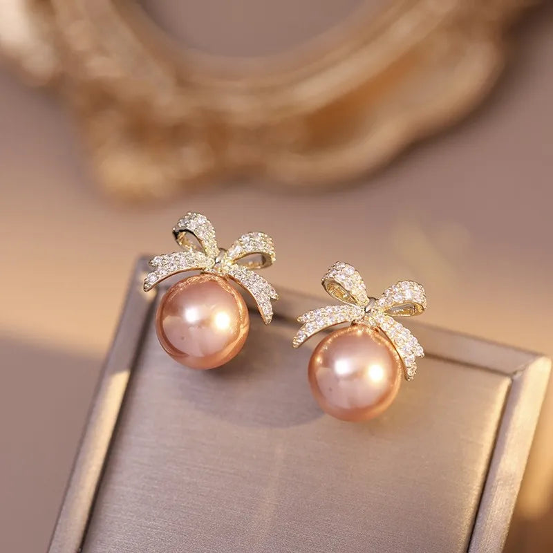 Rhinestone Bow Pearl Stud Earrings - Light Luxury Sparkle