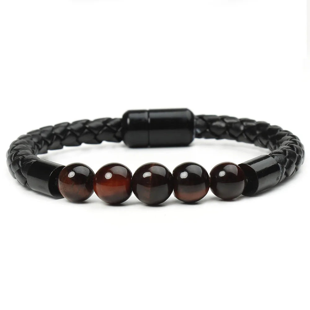 Leather Lava Chakra Bracelet - Black Tiger Eye Magnetic