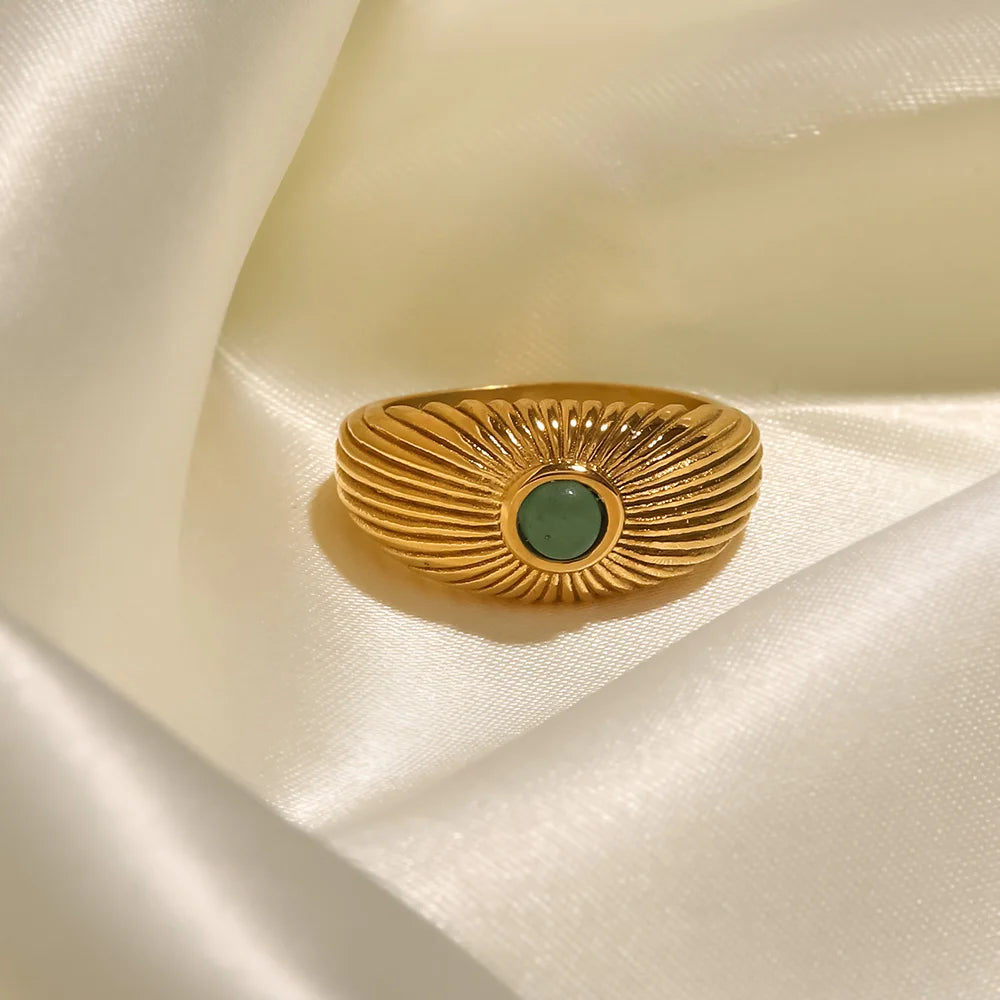 Uworld Waterproof Green Stone Ring - Golden Stainless Steel