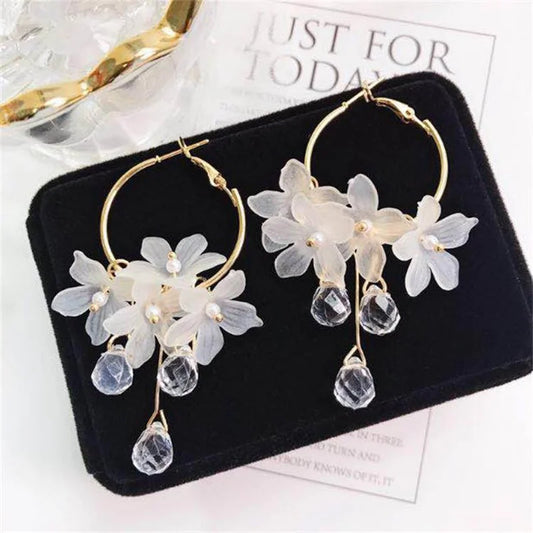 Korean White Acrylic Flower Earrings - Handmade Long Hanging