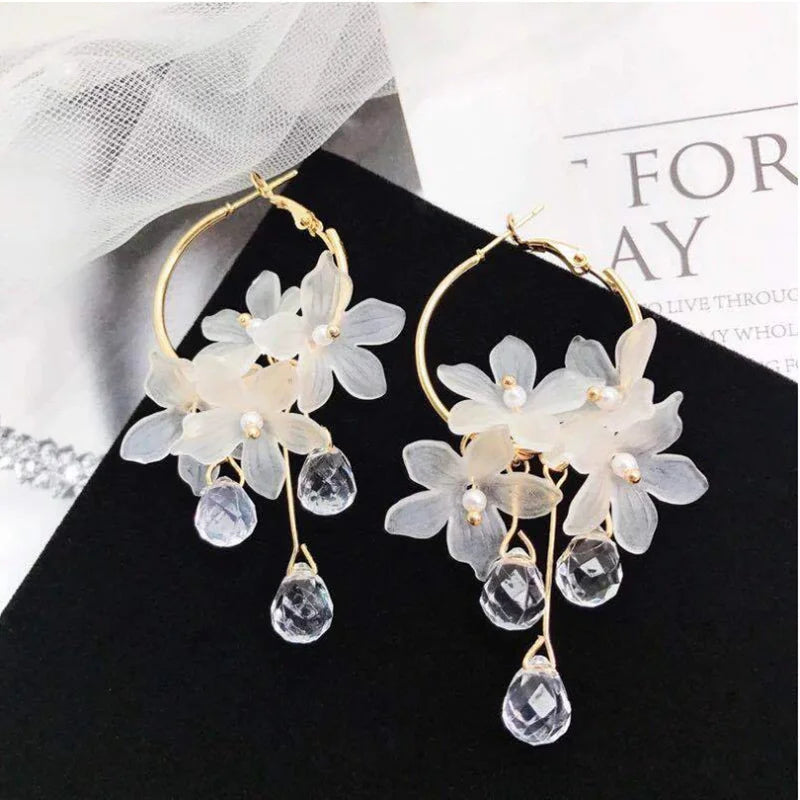 Korean White Acrylic Flower Earrings - Handmade Long Hanging
