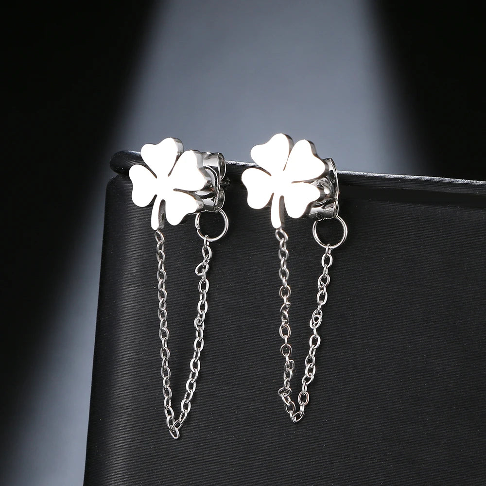 Stainless Steel Clover Earrings - Fashion Tassel Chain