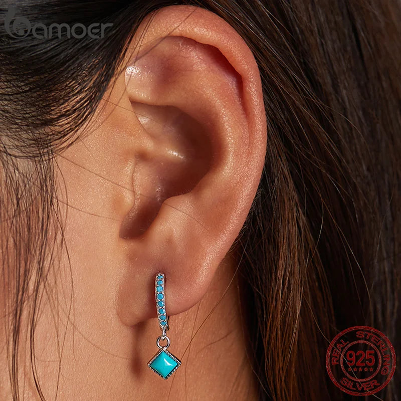 BAMOER 925 Silver Turquoise Drop Earrings - Vintage Simple