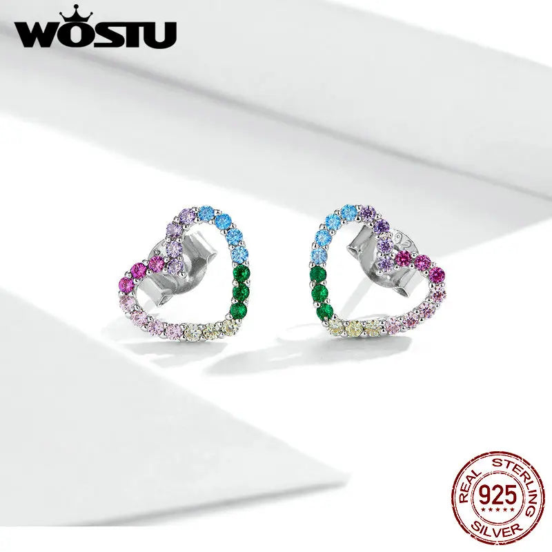 WOSTU 925 Silver Rainbow Zircon Heart Earrings - Colorful