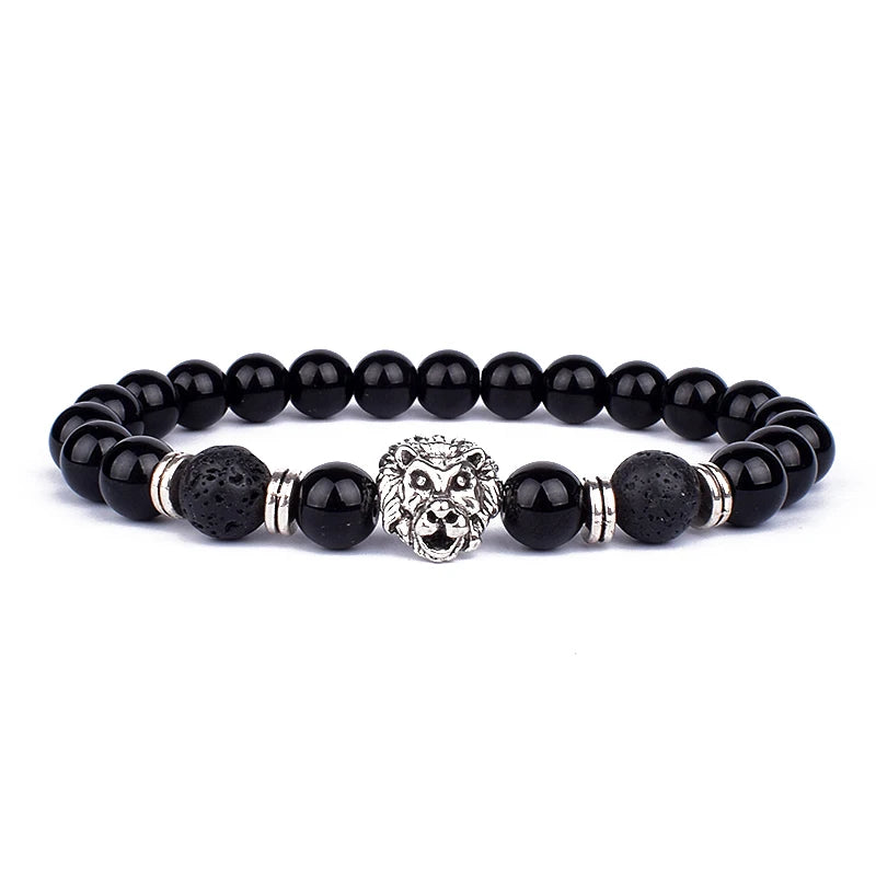 Fashion Obsidian Lion Head Bracelet - Lava Stone Zircon Prism