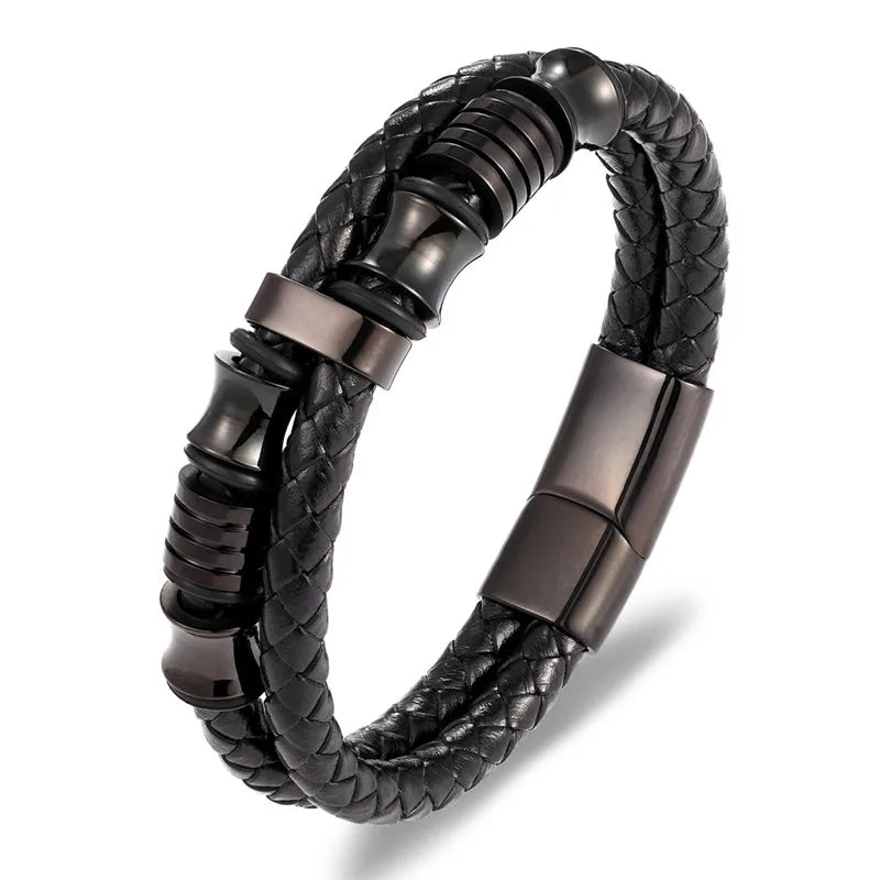 TYO Magnetic Black Leather Bracelet - Braided Punk Rock Men's