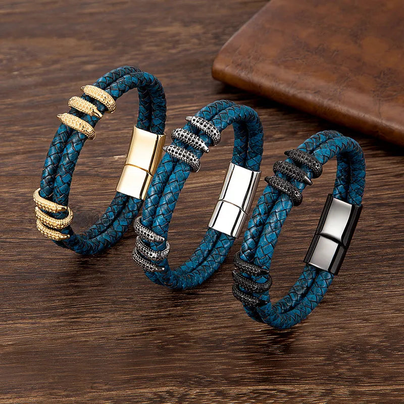MKENDN Punk Blue Braided Leather Bracelet - Dragon Claw Men's