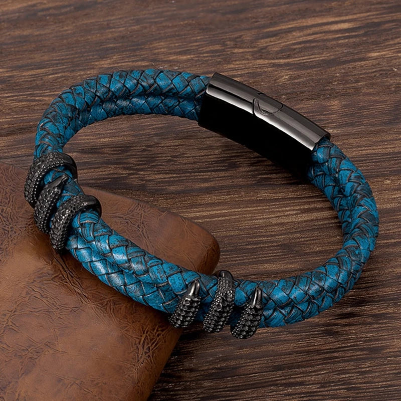 MKENDN Punk Blue Braided Leather Bracelet - Dragon Claw Men's