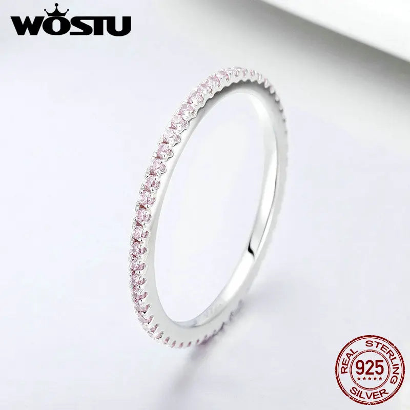 WOSTU 925 Silver Pink CZ Ring - Stackable Circle Design