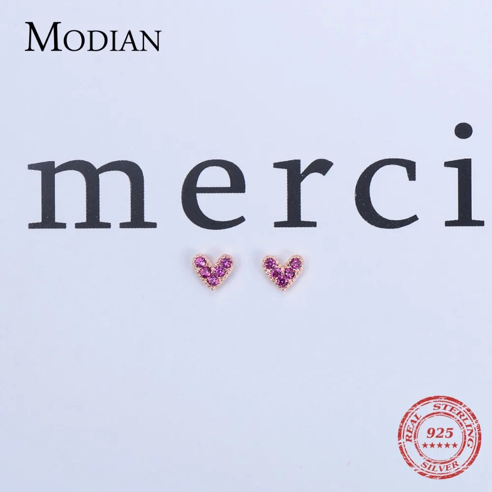 Modian 925 Silver Heart Earrings - Rose Gold Pink CZ Simple