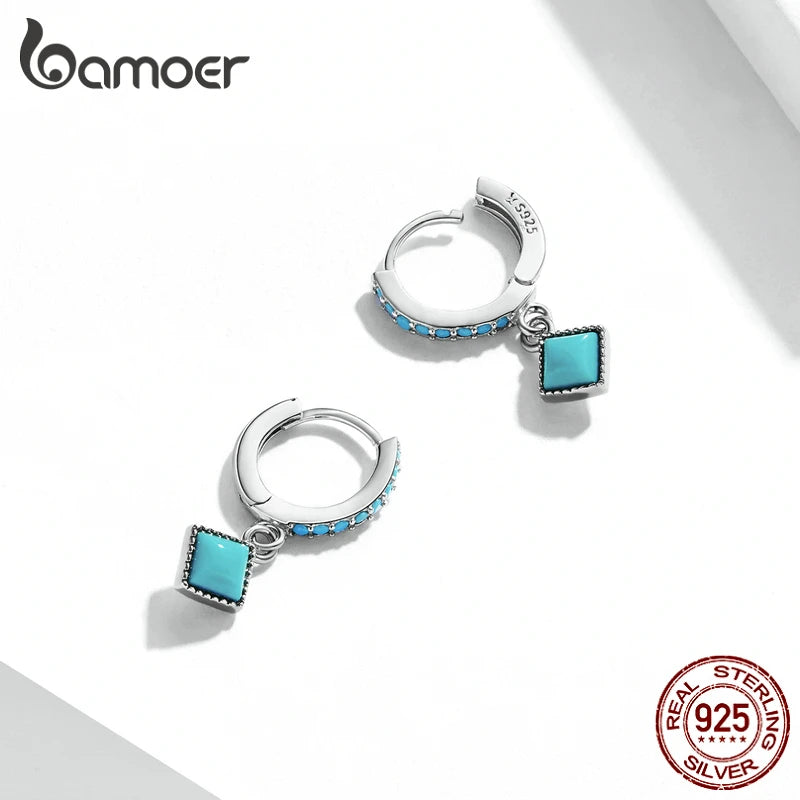 BAMOER 925 Silver Turquoise Drop Earrings - Vintage Simple