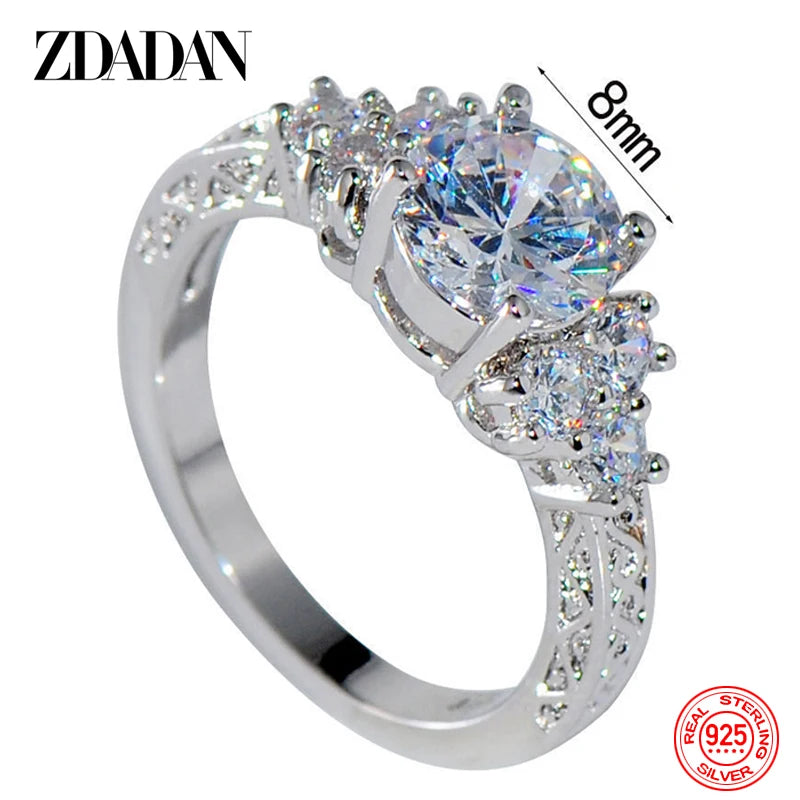 ZDADAN 925 Silver 8MM Zircon Ring - Fashion Wedding Band