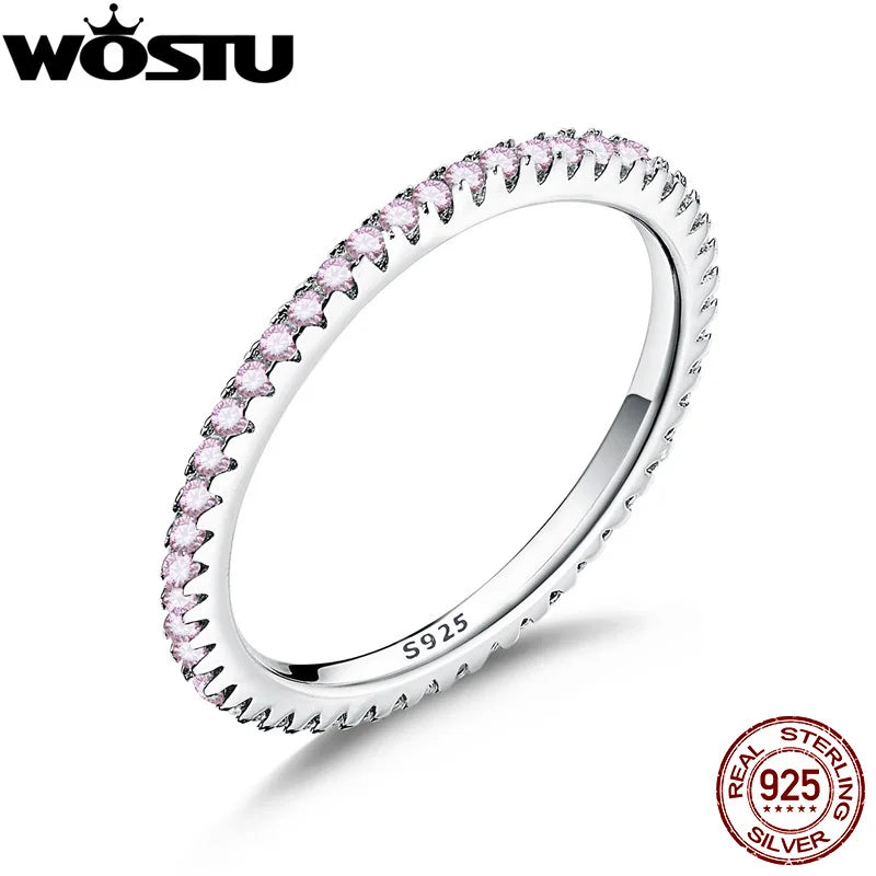 WOSTU 925 Silver Pink CZ Ring - Stackable Circle Design