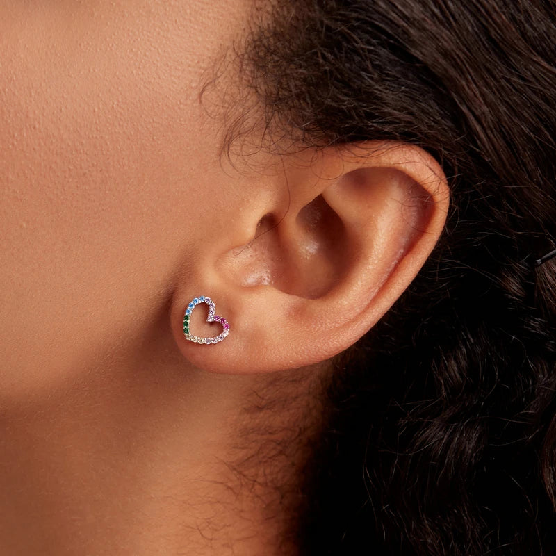 WOSTU 925 Silver Rainbow Zircon Heart Earrings - Colorful