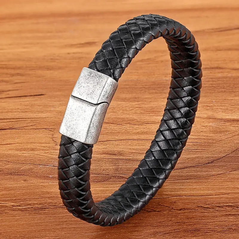 TYO Magnetic Black Leather Bracelet - Braided Punk Rock Men's