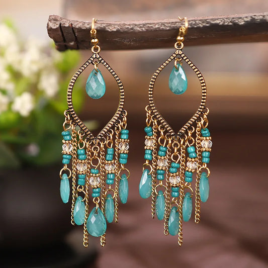Bohemian Antique Gold Water Drop Tassel Earrings - Long Vintage