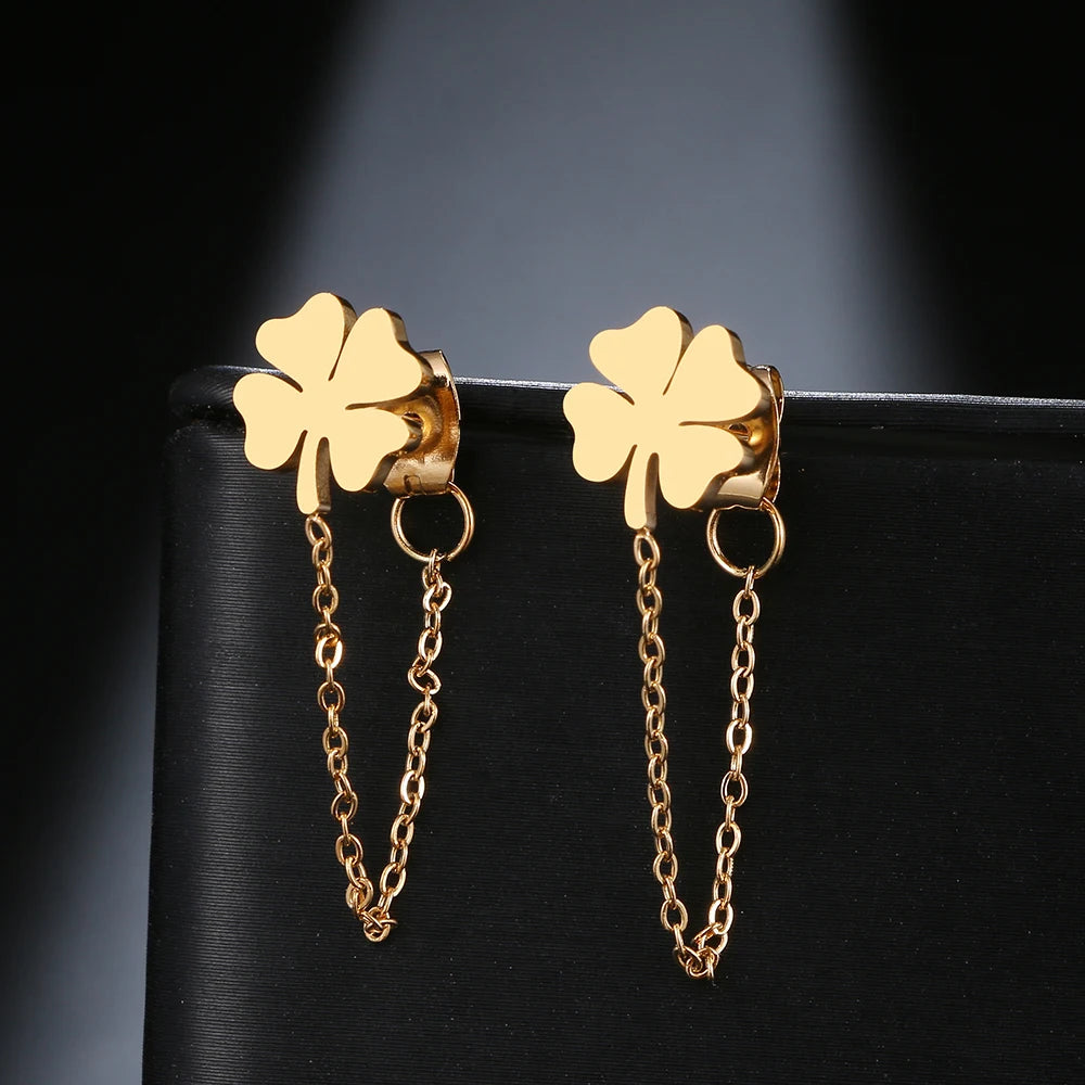 Stainless Steel Clover Earrings - Fashion Tassel Chain