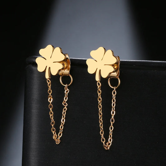 Stainless Steel Clover Earrings - Fashion Tassel Chain