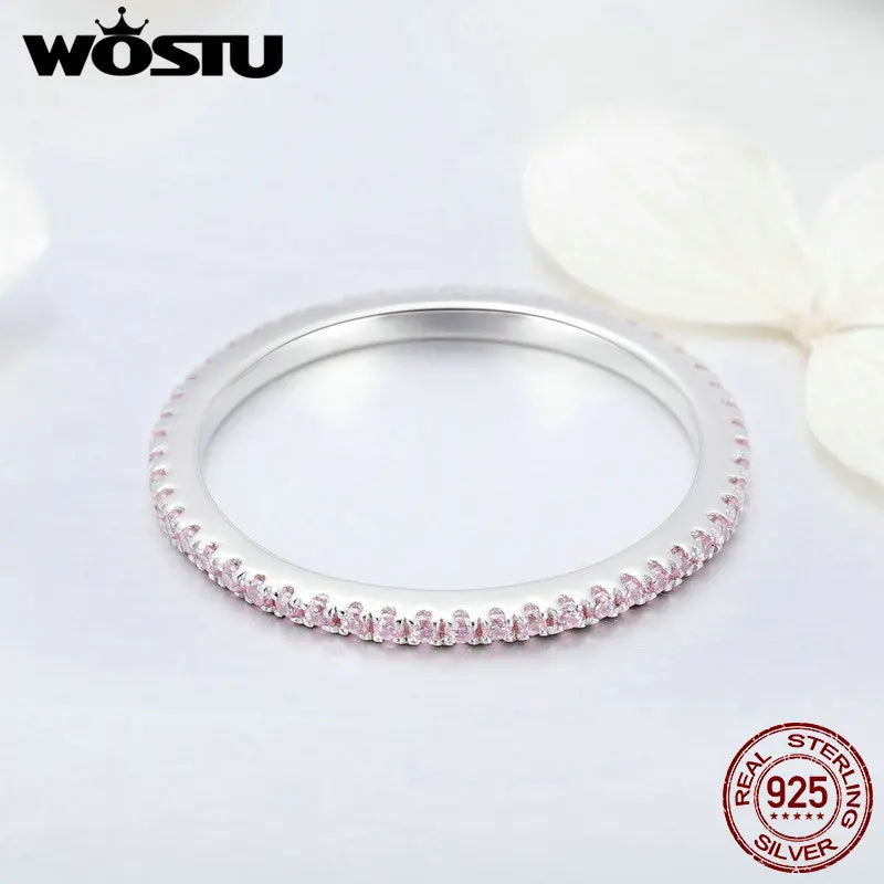 WOSTU 925 Silver Pink CZ Ring - Stackable Circle Design