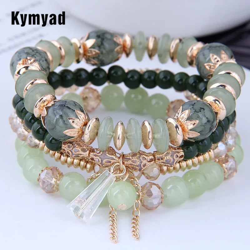 Kymyad Korean Green Crystal Bracelet - Gold Tassel Charm