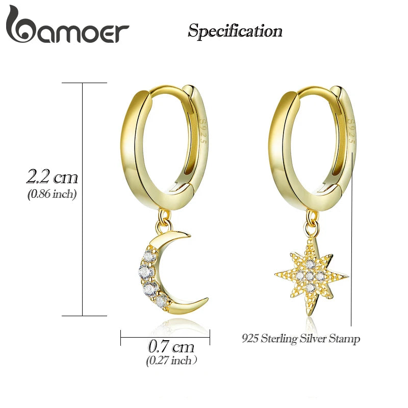 BAMOER 925 Silver Moon & Star Dangle Earrings - Gold Plated