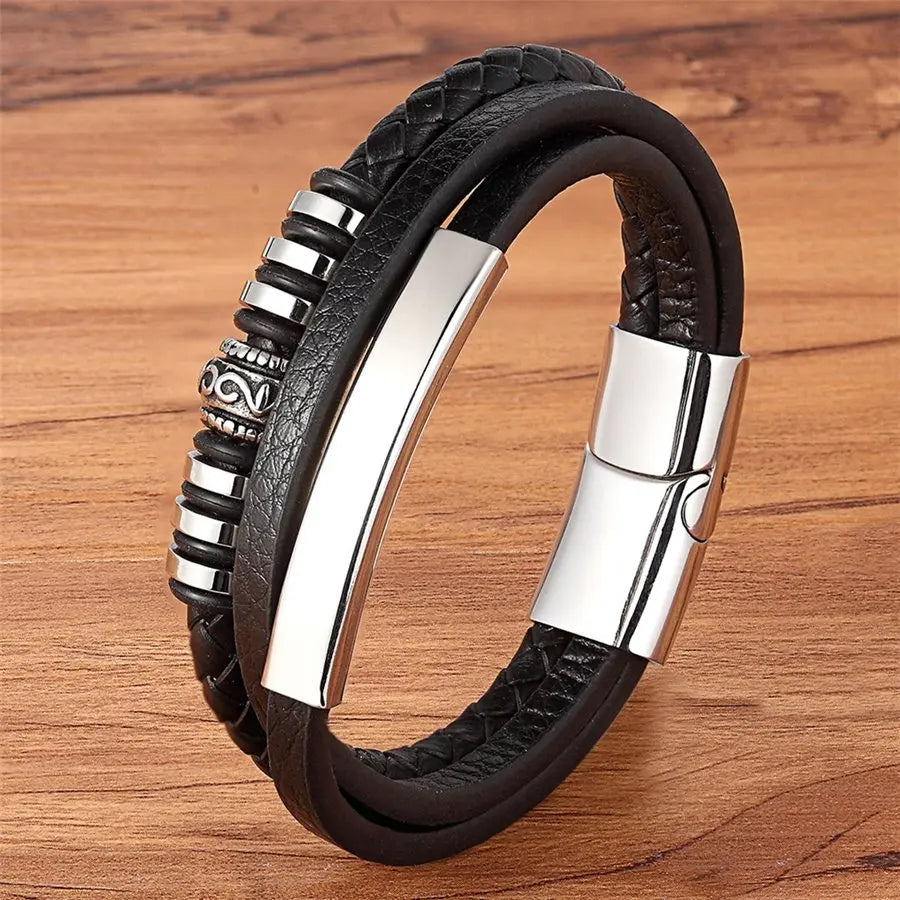 TYO Magnetic Black Leather Bracelet - Braided Punk Rock Men's