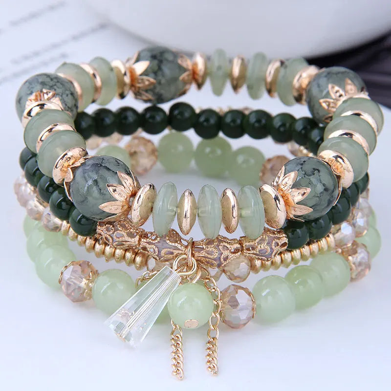 Kymyad Korean Green Crystal Bracelet - Gold Tassel Charm