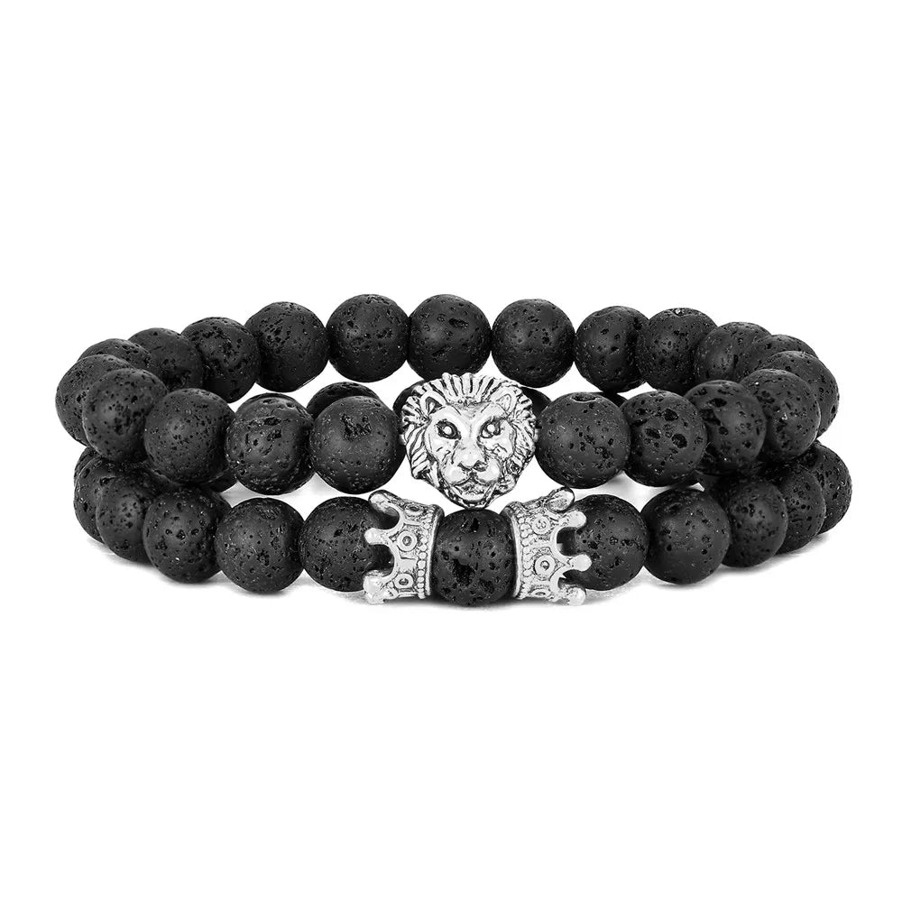 Vintage Lion Head & Crown Bracelet Set - 8mm Lava Stone 2PC