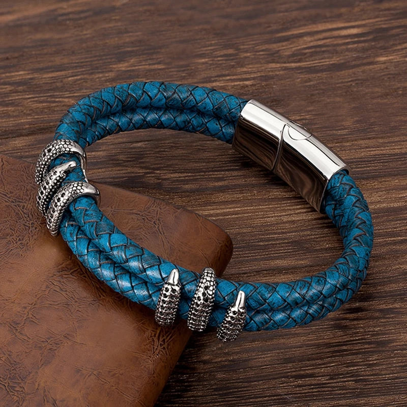 MKENDN Punk Blue Braided Leather Bracelet - Dragon Claw Men's