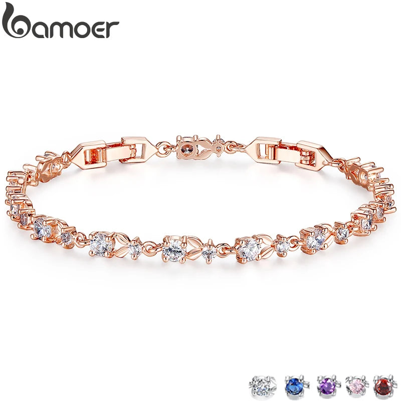 BAMOER Rose Gold Chain Link Bracelet - AAA Cubic Zircon Luxury