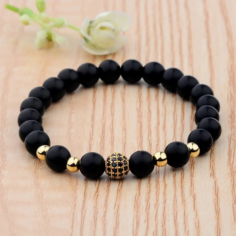 Luxury Natural Stone Yoga Bracelet - Micro Pave CZ Ball Matte
