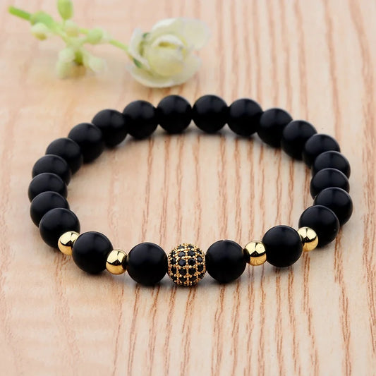 Luxury Natural Stone Yoga Bracelet - Micro Pave CZ Ball Matte