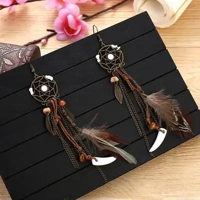 Dream Catcher Feather Earrings - Handmade Boho Tassel
