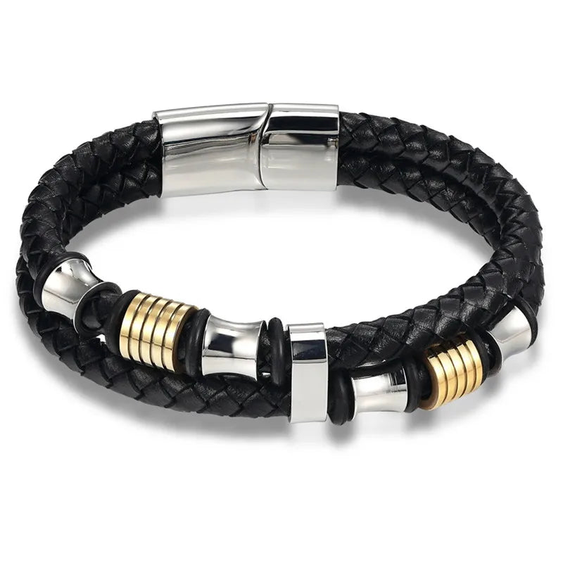 TYO Magnetic Black Leather Bracelet - Braided Punk Rock Men's