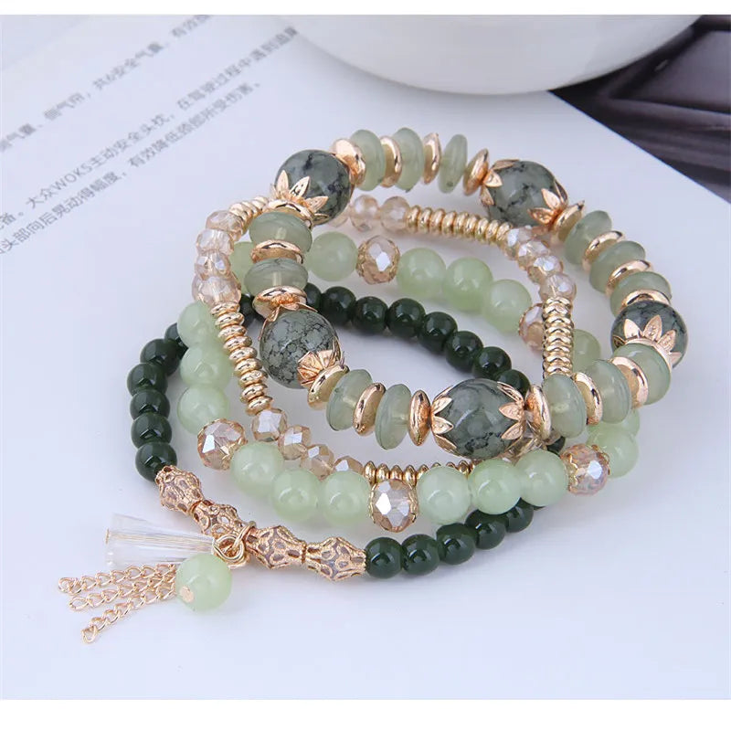 Kymyad Korean Green Crystal Bracelet - Gold Tassel Charm